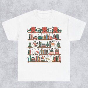 Book Lover Christmas Tee, Cute Ghost Book Nerd Tee, Teacher Christmas Tee